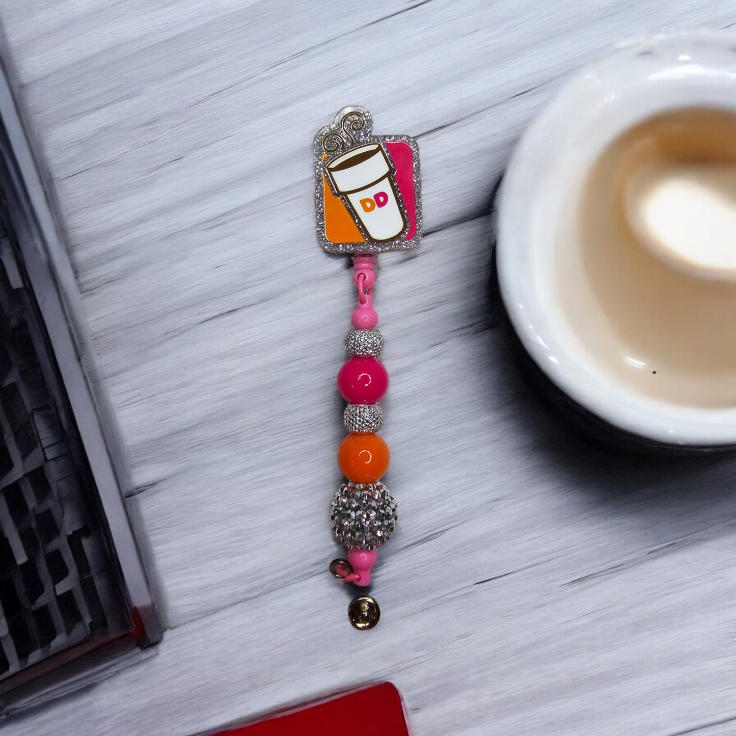 Glitter Cup of Coffee DD Coffee Beaded Retractable Badge Reel