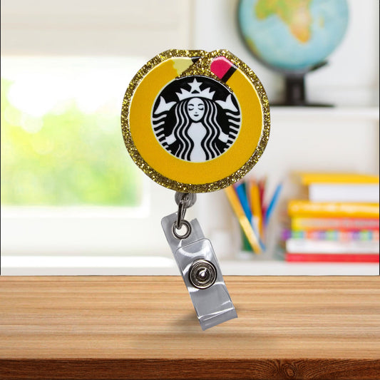 Teacher Pencil Coffee Retractable Badge Reel