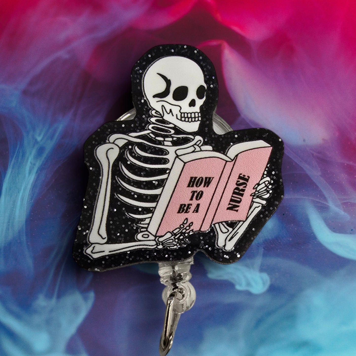 Skeleton Reading How To Be A Nurse Book Retractable Badge Reel Work ID