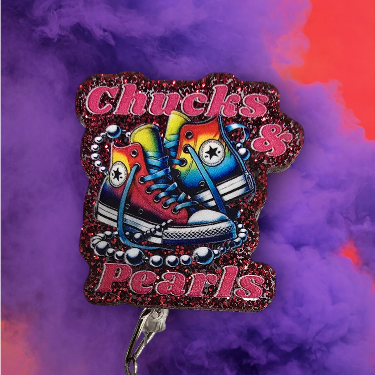 Tye Dye Chucks & Pearls Retractable Badge Reel Work ID