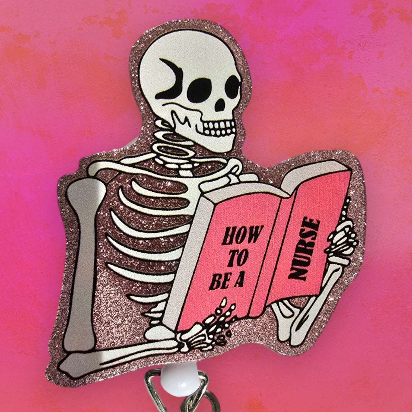 Skeleton Reading How To Be A Nurse Book Retractable Badge Reel Work ID