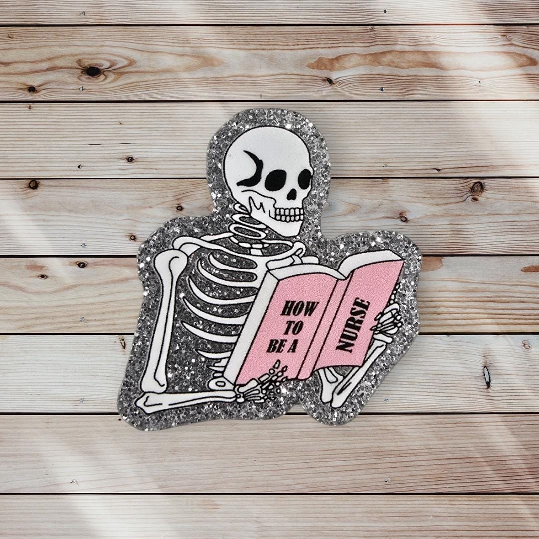 Skeleton Reading How To Be A Nurse Book Retractable Badge Reel Work ID